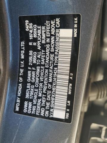 SHHFK7H67KU419424 - 2019 HONDA CIVIC EX GRAY photo 12