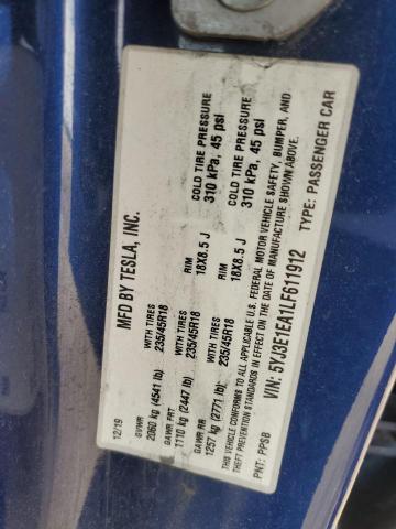 5YJ3E1EA1LF611912 - 2020 TESLA MODEL 3 蓝色 照片 12