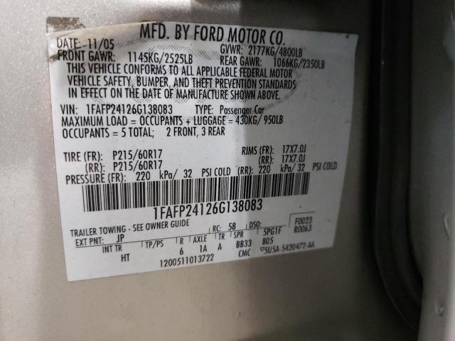 1FAFP24126G138083 - 2006 FORD FIVE HUNDR SEL SILVER photo 12