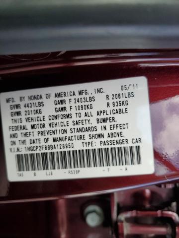 1HGCP2F89BA128950 - 2011 HONDA ACCORD EXL BURGUNDY photo 12