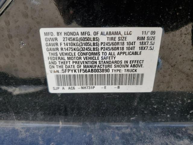 5FPYK1F56AB003890 - 2010 HONDA RIDGELINE RTL BLACK photo 12