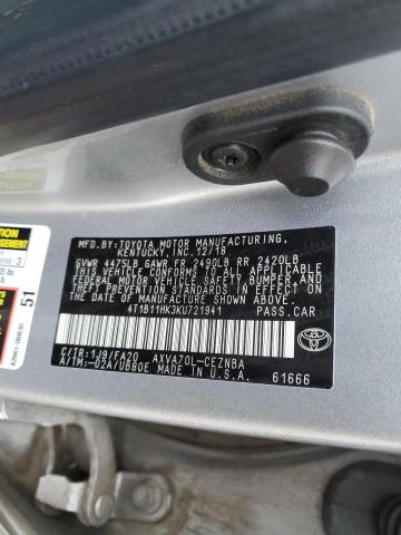 4T1B11HK3KU721941 - 2019 TOYOTA CAMRY L SILVER photo 12