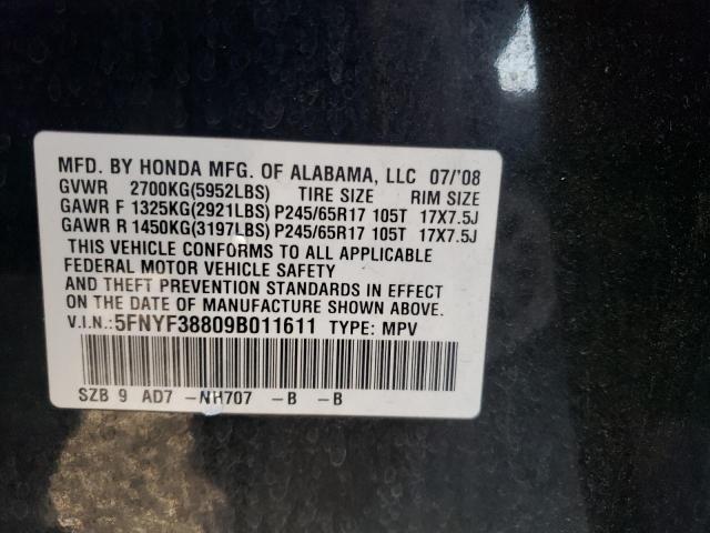 5FNYF38809B011611 - 2009 HONDA PILOT TOURING BLACK photo 12