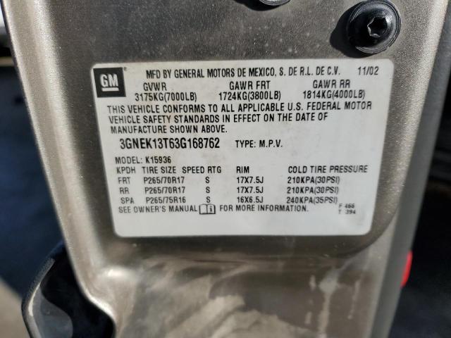 3GNEK13T63G168762 - 2003 CHEVROLET AVALANCHE K1500 GRAY photo 13