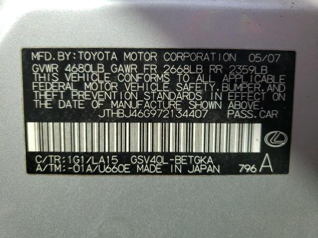 JTHBJ46G972134407 - 2007 LEXUS ES 350 SILVER photo 12