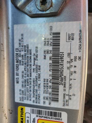 3FA6P0HD5LR169051 - 2020 FORD FUSION SE SILVER photo 12