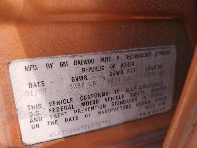 KL1TD66677B772761 - 2007 CHEVROLET AVEO BASE Narıncı foto 12