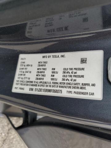 5YJ3E1EB9MF068075 - 2021 TESLA MODEL 3 GRAY photo 12