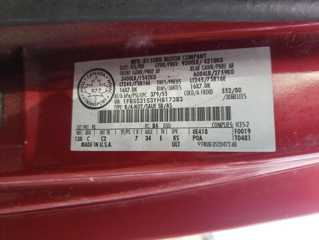 1FBSS31S3YHB17383 - 2000 FORD ECONOLINE E350 SUPER DUTY WAGON RED photo 13