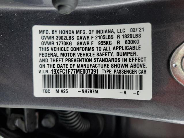 19XFC1F77ME007391 - 2021 HONDA CIVIC EXL ვერცხლისფერი ფოტო 12