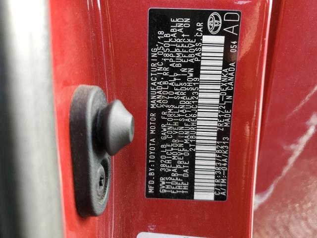 2T1BURHE6JC123519 - 2018 TOYOTA COROLLA L RED photo 12