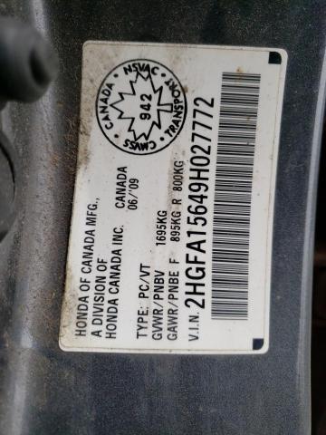 2HGFA15649H027772 - 2009 HONDA CIVIC LX-S Boz foto 12