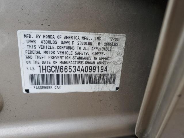 1HGCM66534A099194 - 2004 HONDA ACCORD EX BEIGE photo 12