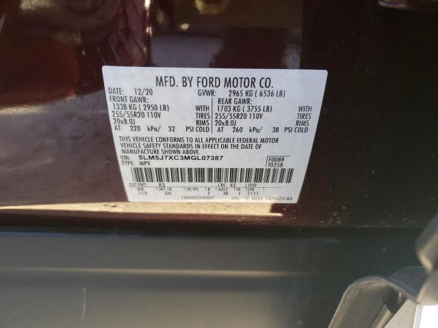 5LM5J7XC3MGL07387 - 2021 LINCOLN AVIATOR RESERVE RED photo 12