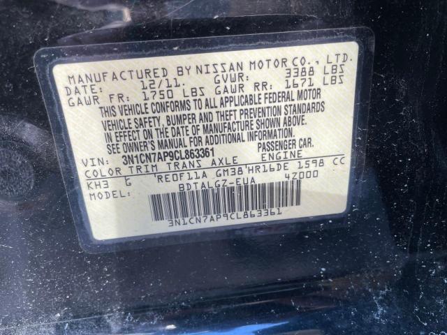 3N1CN7AP9CL863361 - 2012 NISSAN VERSA S BLACK photo 10