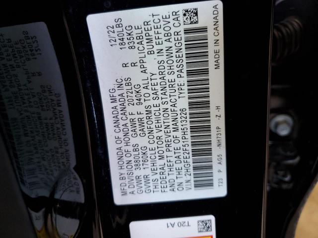 2HGFE2F51PH513226 - 2023 HONDA CIVIC SPORT Czarny zdjęcie 12