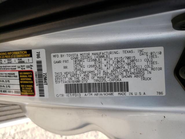 5TFTX4CN1BX001272 - 2011 TOYOTA TACOMA ACCESS CAB SILVER photo 12