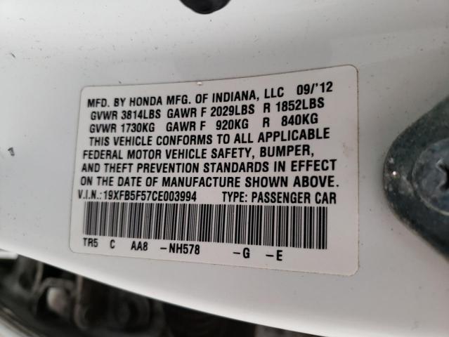 19XFB5F57CE003994 - 2012 HONDA CIVIC NATURAL GAS WHITE photo 12