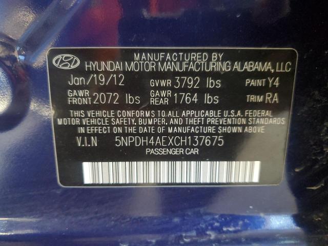 5NPDH4AEXCH137675 - 2012 HYUNDAI ELANTRA GLS BLUE photo 12