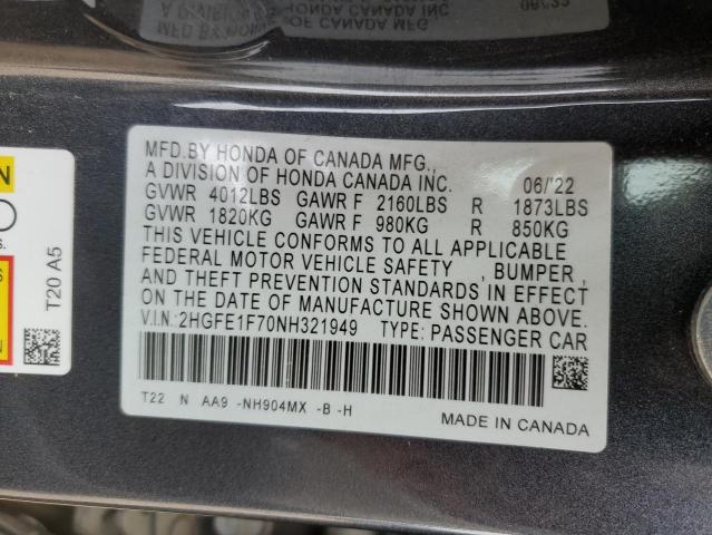 2HGFE1F70NH321949 - 2022 HONDA CIVIC EX GRAY photo 12