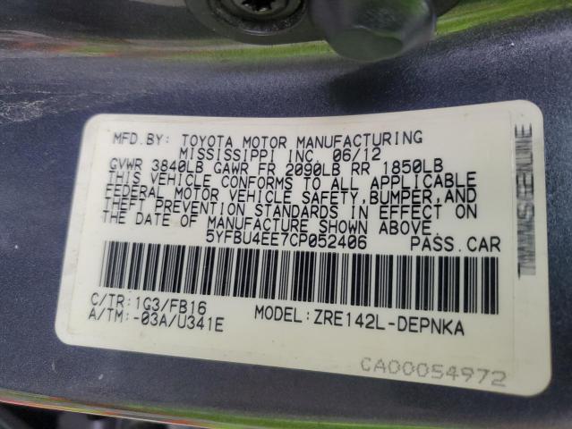 5YFBU4EE7CP052406 - 2012 TOYOTA COROLLA BASE CHARCOAL photo 12