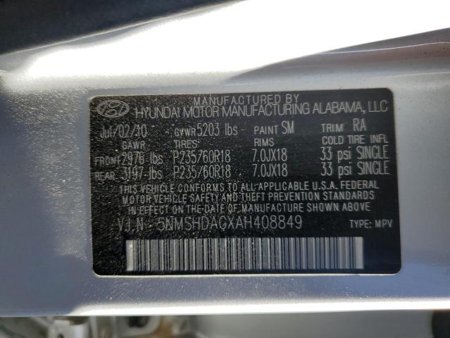 5NMSHDAGXAH408849 - 2010 HYUNDAI SANTA FE SE SILVER photo 13