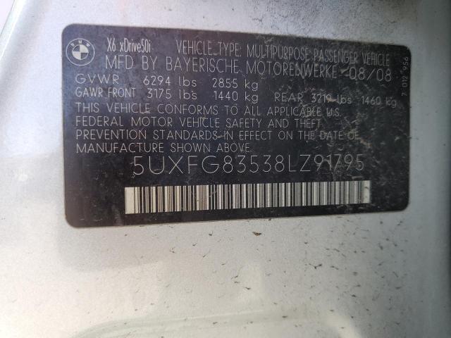 5UXFG83538LZ91795 - 2008 BMW X6 XDRIVE50I SILVER photo 12