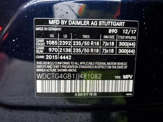 WDCTG4GB1JJ481082 - 2018 MERCEDES-BENZ GLA 250 4MATIC BLUE photo 13