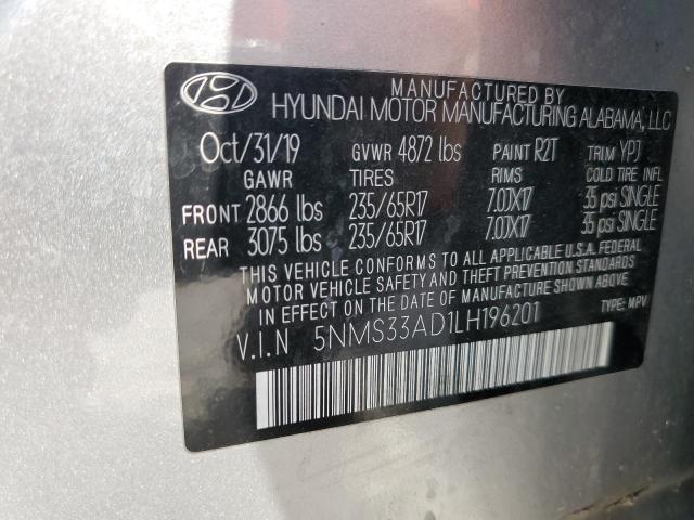 5NMS33AD1LH196201 - 2020 HYUNDAI SANTA FE SEL Արծաթագույն լուսանկար 13