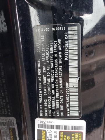 WVWFW7AH3CV006081 - 2012 VOLKSWAGEN EOS LUX 黑色 照片 12