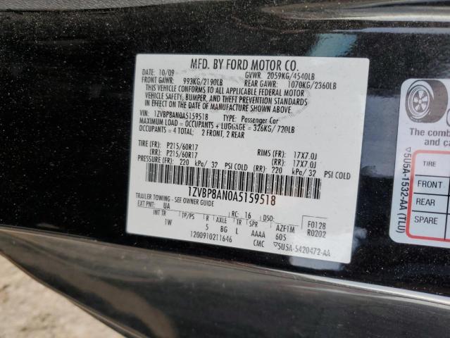 1ZVBP8AN0A5159518 - 2010 FORD MUSTANG BLACK photo 13