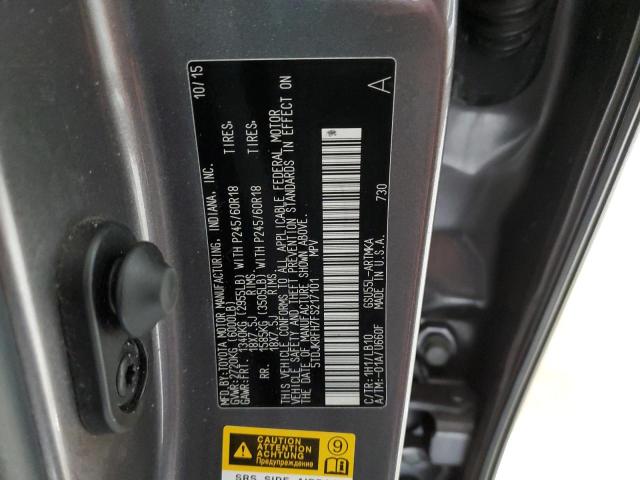 5TDJKRFH7FS217101 - 2015 TOYOTA HIGHLANDER XLE GRAY photo 13