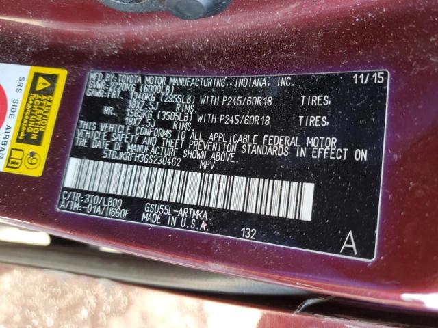 5TDJKRFH3GS230462 - 2016 TOYOTA HIGHLANDER XLE MAROON photo 13