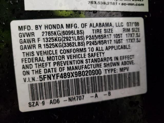 5FNYF489X9B020900 - 2009 HONDA PILOT TOURING BLACK photo 13