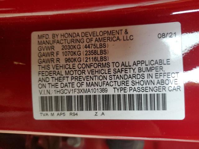 1HGCV1F3XMA101389 - 2021 HONDA ACCORD SPORT RED photo 12