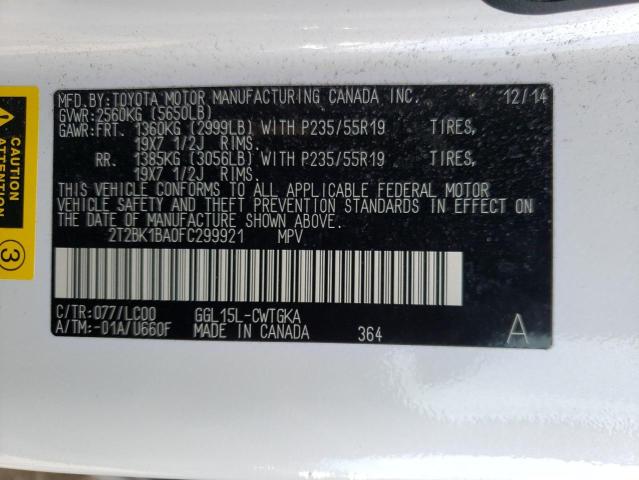 2T2BK1BA0FC299921 - 2015 LEXUS RX 350 BASE WHITE photo 14