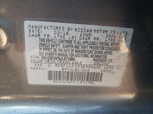 3N1CN7AP5JL871986 - 2018 NISSAN VERSA S GRAY photo 13