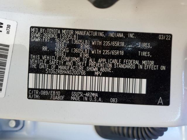 5TDGZRBH4NS200766 - 2022 TOYOTA HIGHLANDER XLE WHITE photo 13