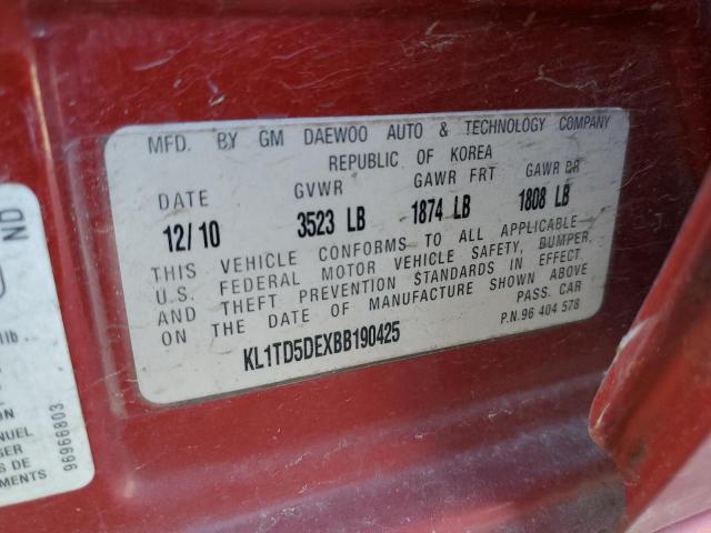 KL1TD5DEXBB190425 - 2011 CHEVROLET AVEO LS 红色 照片 12