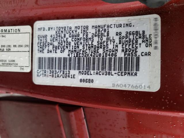 4T1BE32K42U018406 - 2002 TOYOTA CAMRY LE BURGUNDY photo 12