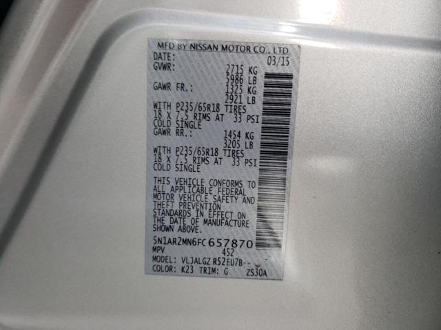 5N1AR2MN6FC657870 - 2015 NISSAN PATHFINDER S 银色 照片 14