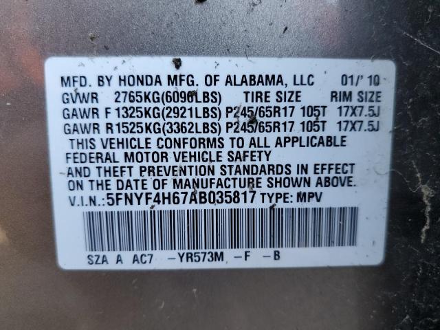 5FNYF4H67AB035817 - 2010 HONDA PILOT EXL GOLD photo 13