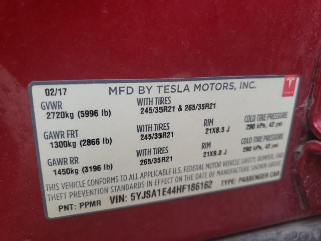 5YJSA1E44HF186162 - 2017 TESLA MODEL S მუქწითელი ფოტო 12