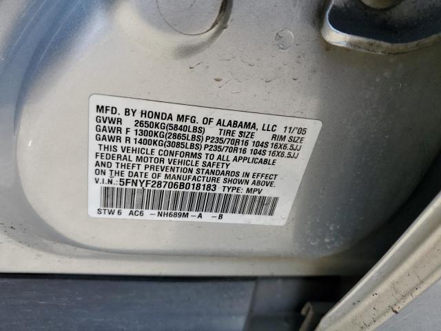 5FNYF28706B018183 - 2006 HONDA PILOT EX SILVER photo 13