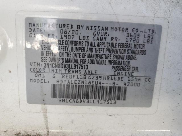 3N1CN8DV3LL917513 - 2020 NISSAN VERSA S WHITE photo 12