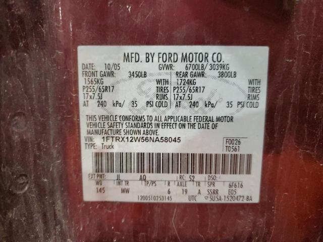 1FTRX12W56NA58045 - 2006 FORD F150 MAROON photo 12