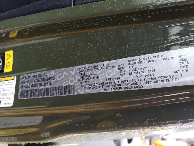 1C4HJXDG7MW694933 - 2021 JEEP WRANGLER U SPORT მწვანე ფოტო 12