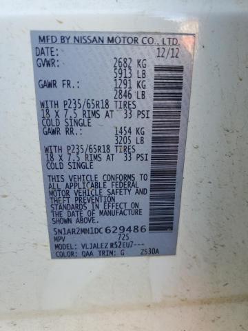 5N1AR2MN1DC629486 - 2013 NISSAN PATHFINDER S 白色 照片 14