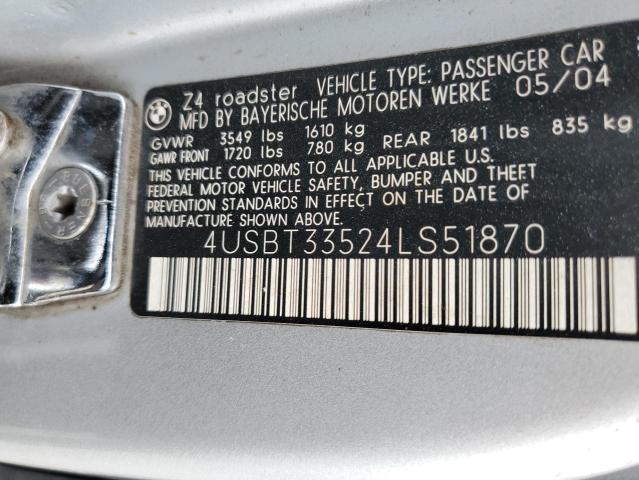 4USBT33524LS51870 - 2004 BMW Z4 2.5 SILVER photo 12