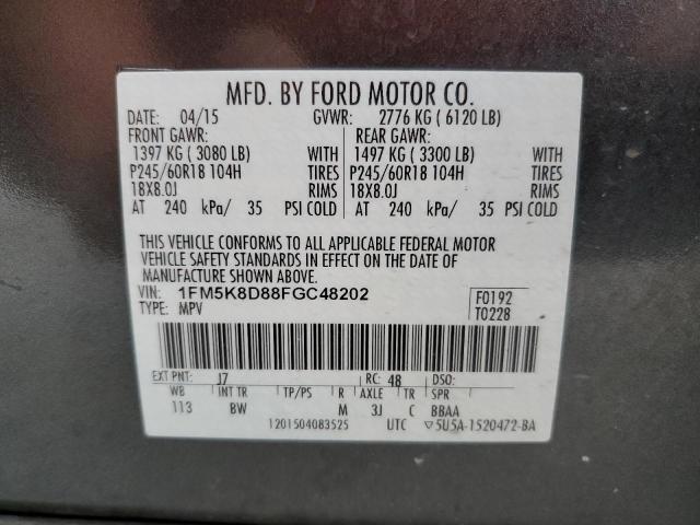 1FM5K8D88FGC48202 - 2015 FORD EXPLORER XLT GRAY photo 14